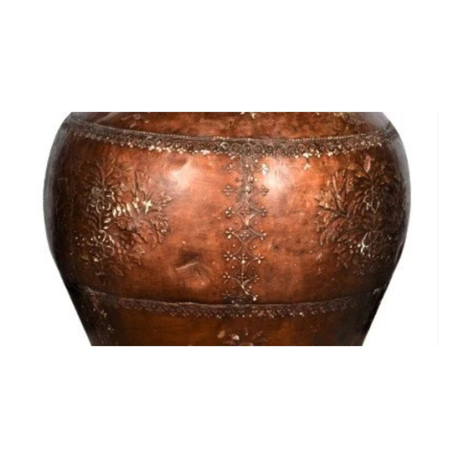 Large 35" Tall Handcrafted Antique Copper Vessel With Lid | Embossed Floral Metal Floor Vase | Rusti - 4