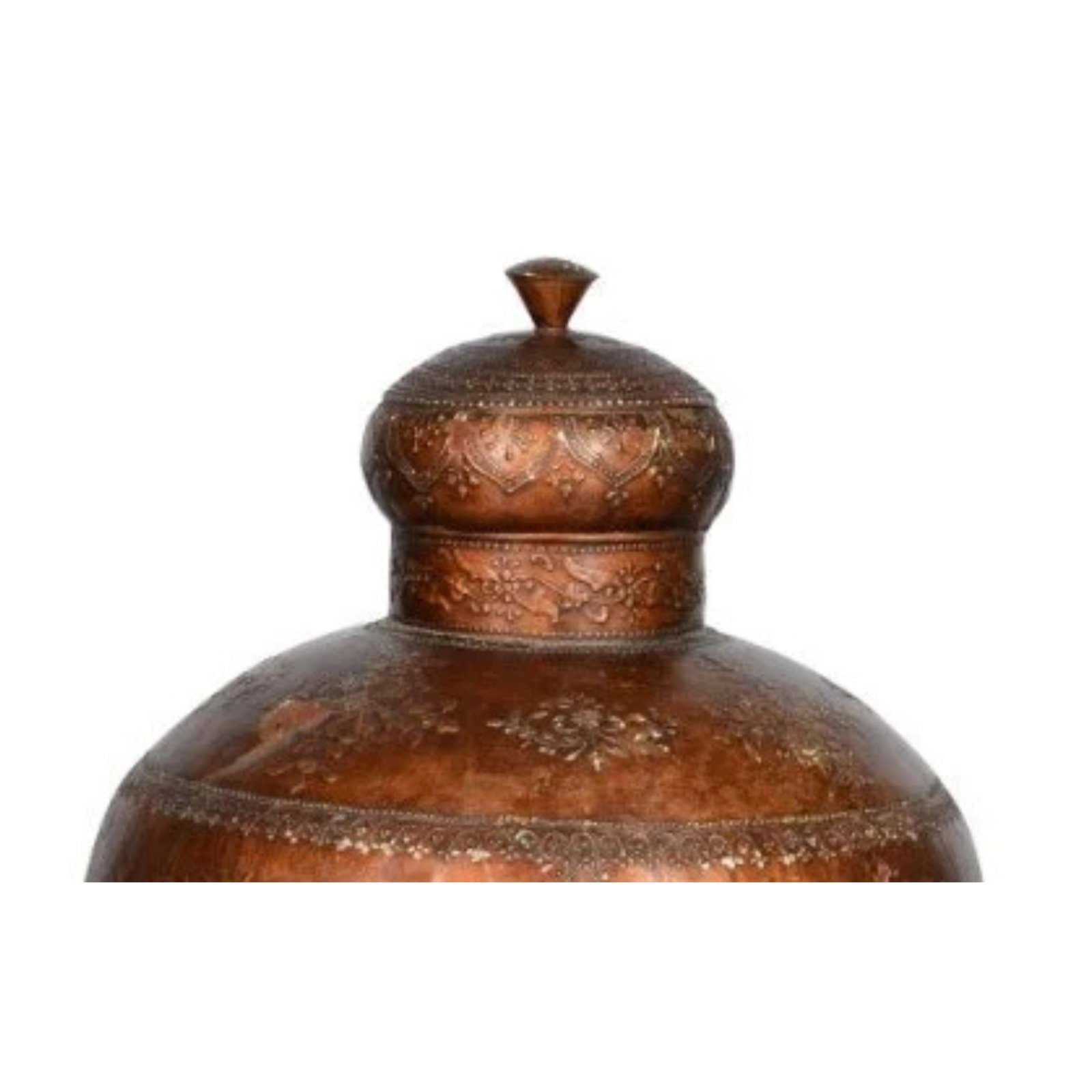 Large 35" Tall Handcrafted Antique Copper Vessel With Lid | Embossed Floral Metal Floor Vase | Rusti - 5