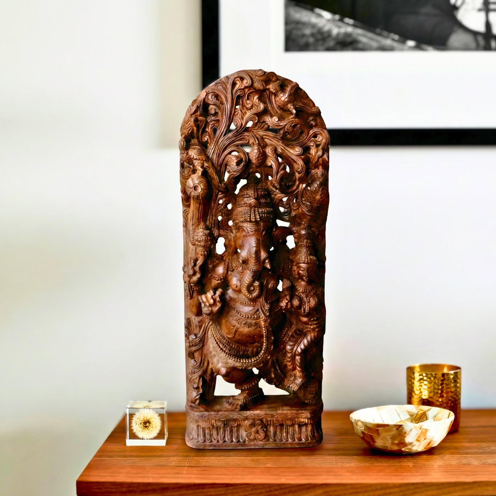 Tall 38" Hand Carved Teak Wood Ganesha Statue | Vintage Indian Ganapati Sculpture for Pooja Mandir D - 2