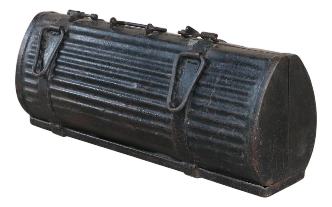 Antique Iron Gun Case 27" Large Storage Box | Rustic Vintage Metal Chest | Indian Royal Family Colle: Unveil a piece of storied history for your home with this magnificent Antique Iron Gun Case Box. Originally belonging to an Indian royal family in the early 1900s, this one-of-a-kind treasure carries 