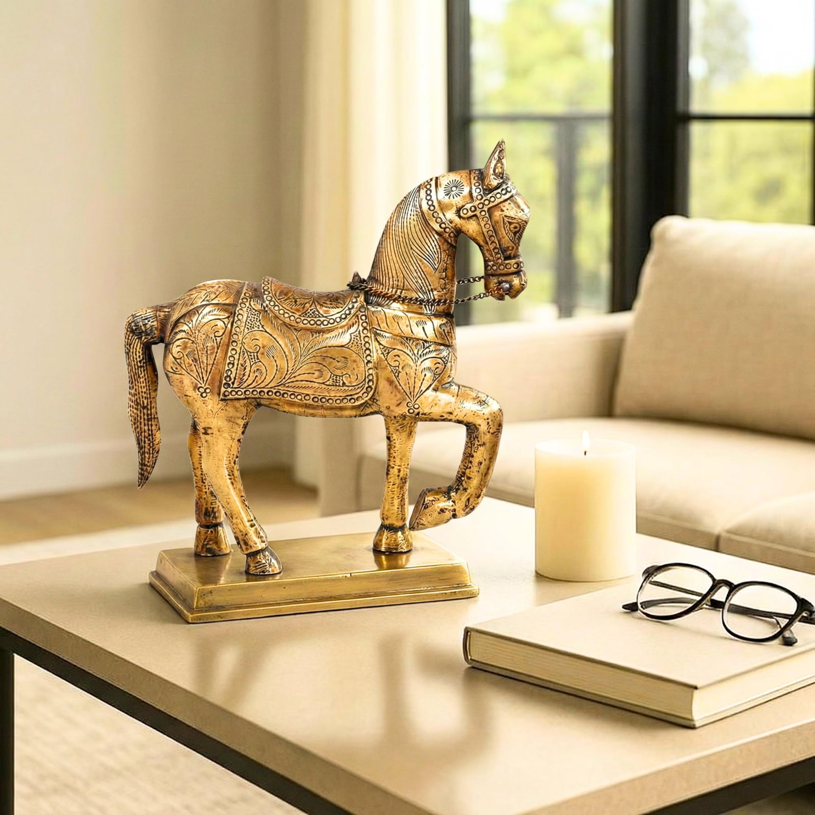 1970s Gold Brass Horse Statue | Hand Carved Mango Wood Animal Sculpture | 16 Inch Tall Indian Home D - 2