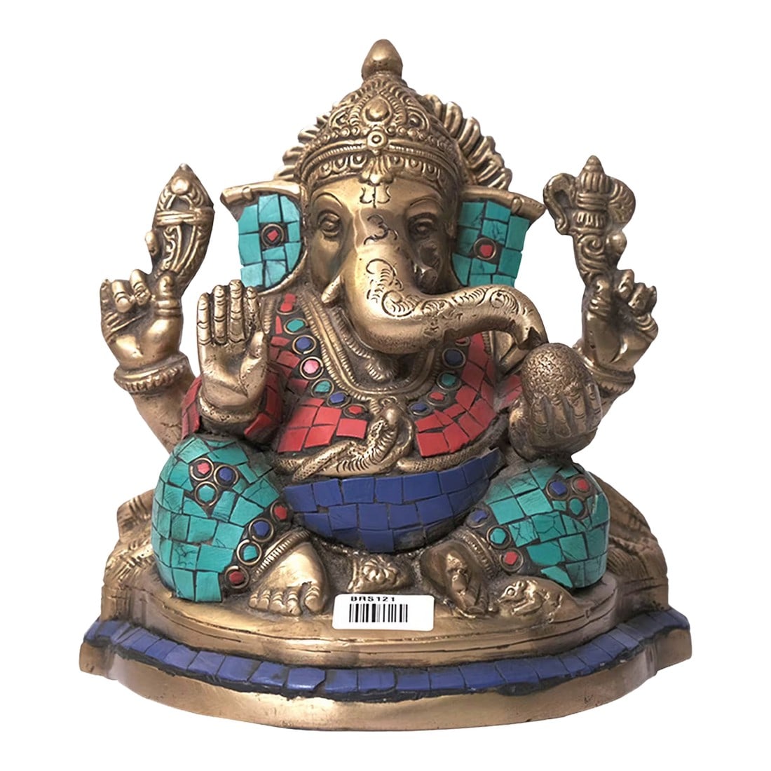 Brass Ganesha Statue With Turquoise Inlay | 7 Inch Hindu Ganpati Idol for Home Altar | Colorful Indi: Invite the presence of the remover of obstacles into your sacred space with this breathtaking Jeweled Ganesha statue. A true masterpiece of traditional Indian artistry, this Ganesh figurine is more