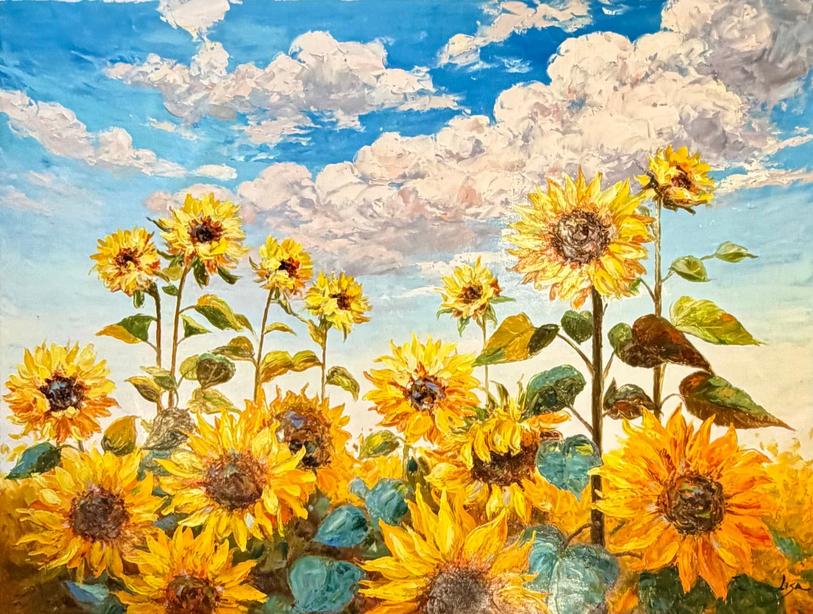 Sunflower Field Under Blue Skies "” Original Oil Painting, Unstretched, 30" × 40" - 2
