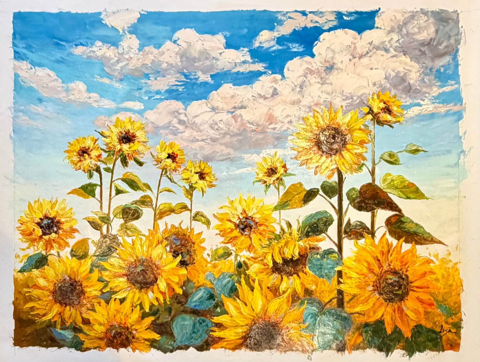Sunflower Field Under Blue Skies "” Original Oil Painting, Unstretched, 30" × 40" - 3