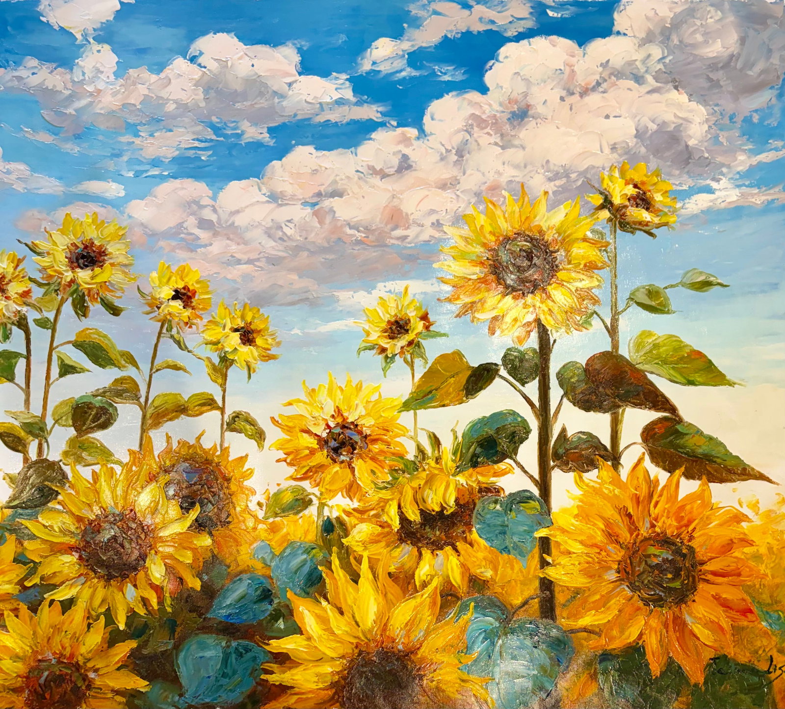Sunflower Field Under Blue Skies "” Original Oil Painting, Unstretched, 30" × 40" - 4