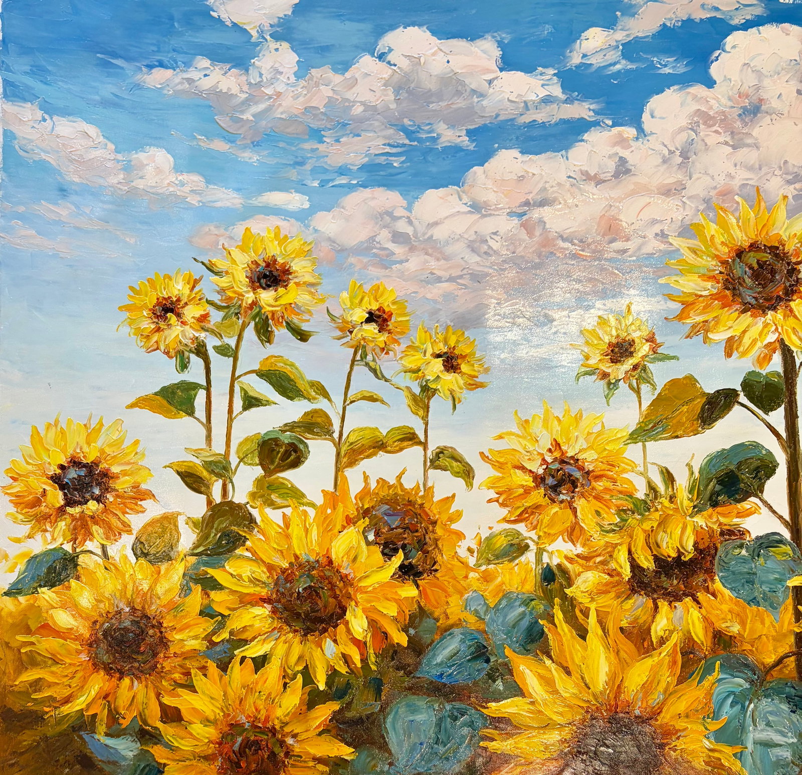 Sunflower Field Under Blue Skies "” Original Oil Painting, Unstretched, 30" × 40" - 5