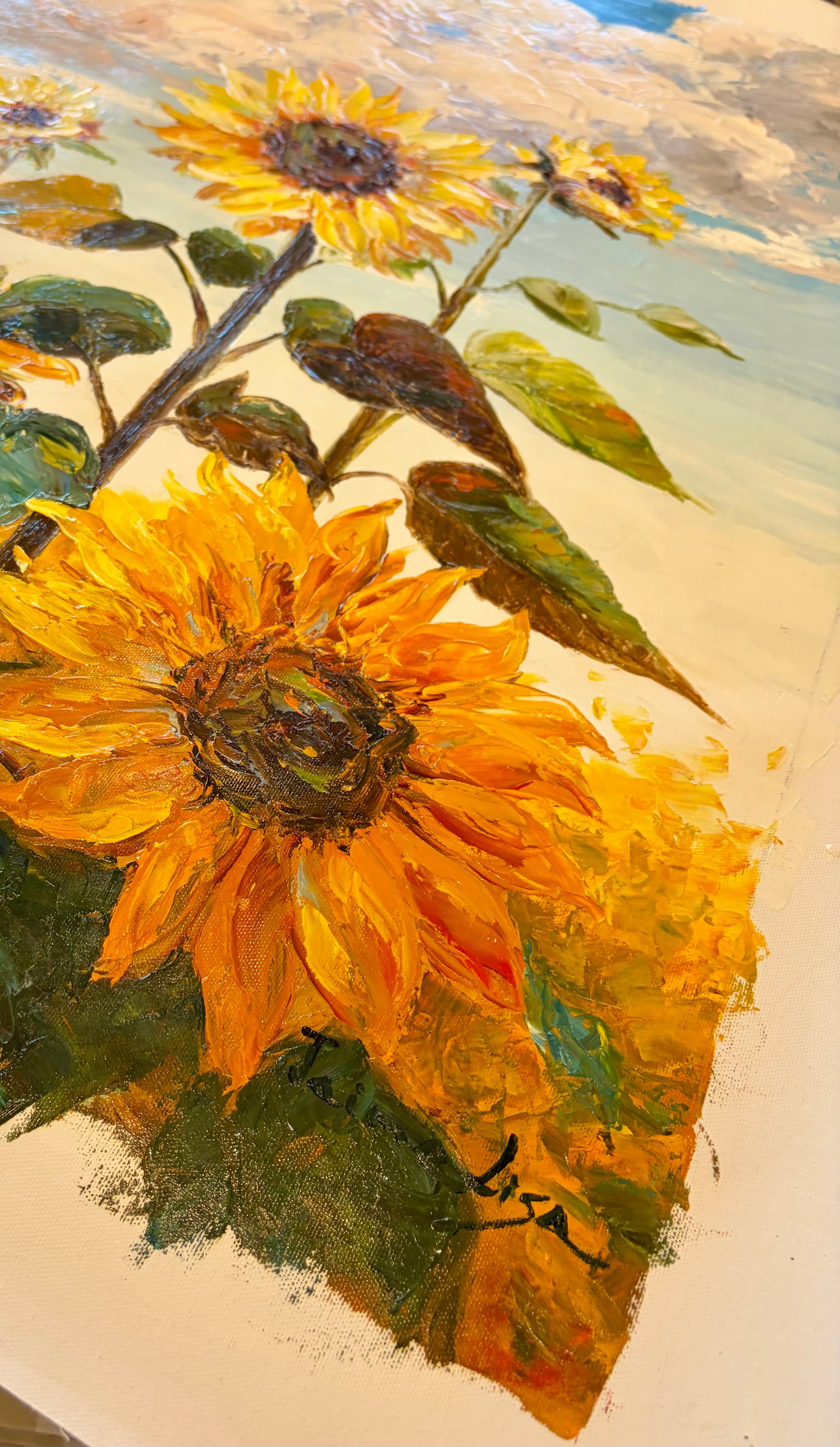 Sunflower Field Under Blue Skies "” Original Oil Painting, Unstretched, 30" × 40" - 6
