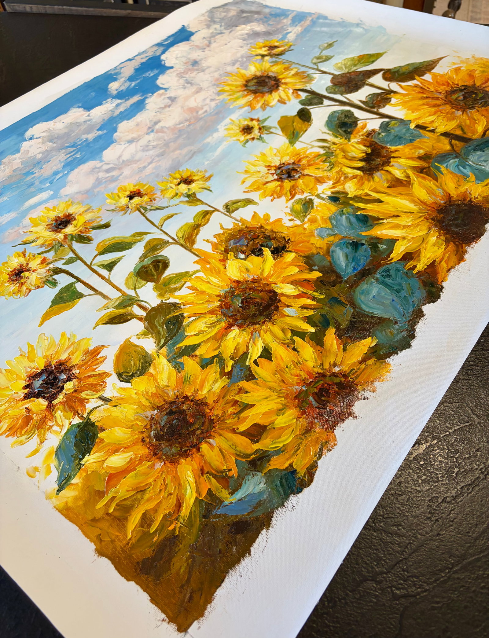 Sunflower Field Under Blue Skies "” Original Oil Painting, Unstretched, 30" × 40" - 7