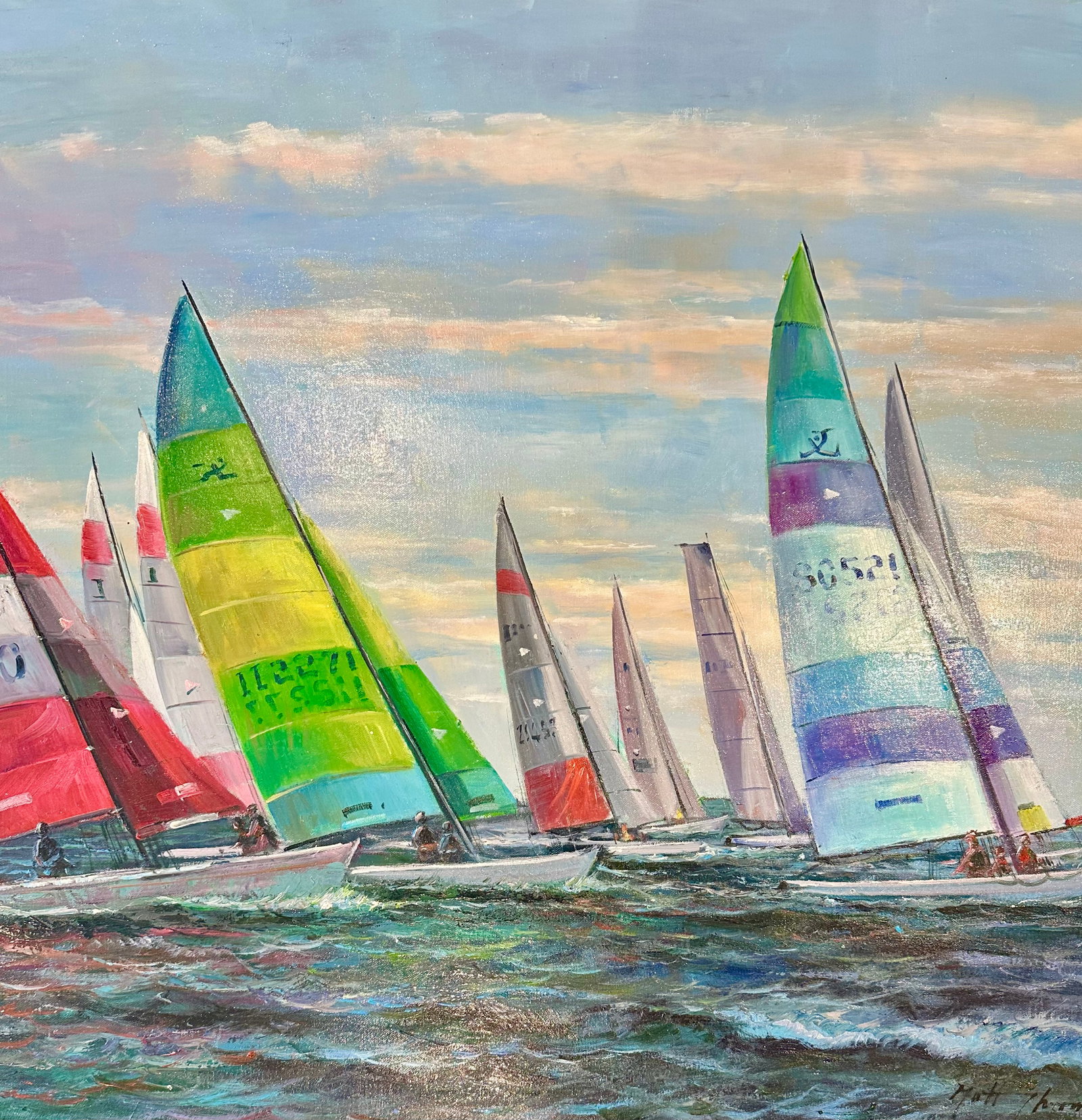 Sailboat Regatta Oil Painting – Coastal Racing Scene by Matt Thomas – 30" X 40" - 4
