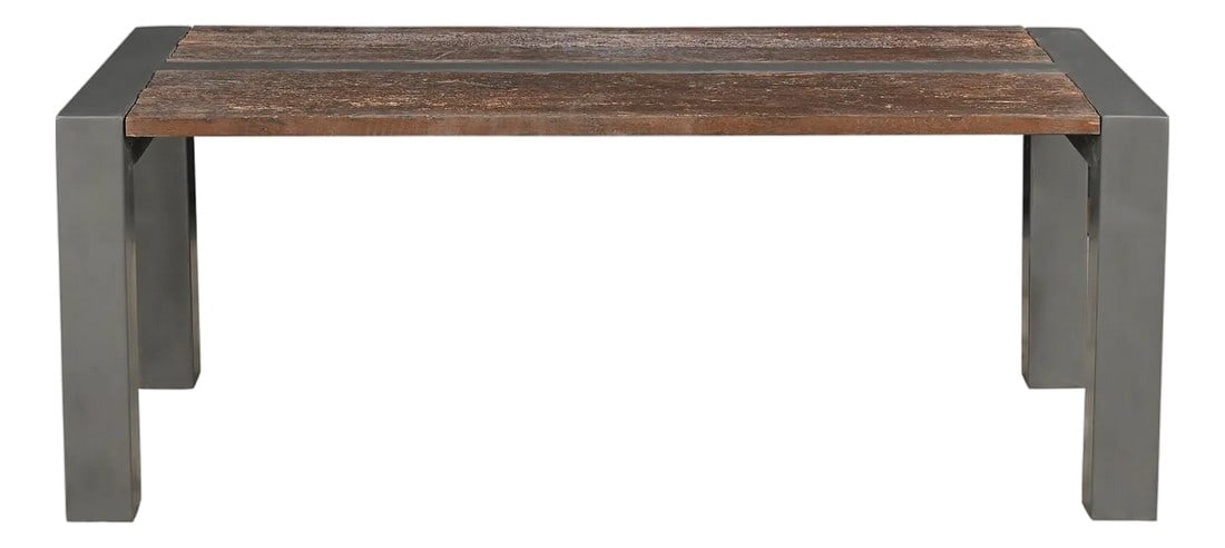 1930s Rustic Brown Reclaimed Wood Coffee Table With Metal Legs – 1 Piece: Transform your living space with a piece of history that bridges the gap between rugged heritage and sophisticated design. This exceptional Rustic Modern 48 in. x 24 in. Rectangle Metal And Spalted
