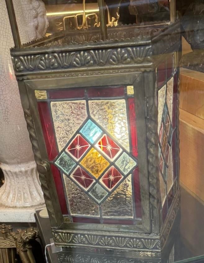 1910s Arts and Crafts Lantern With Leaded Stain Glass Panels - 10