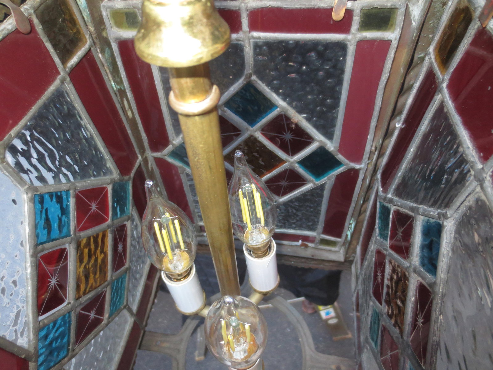 1910s Arts and Crafts Lantern With Leaded Stain Glass Panels - 4