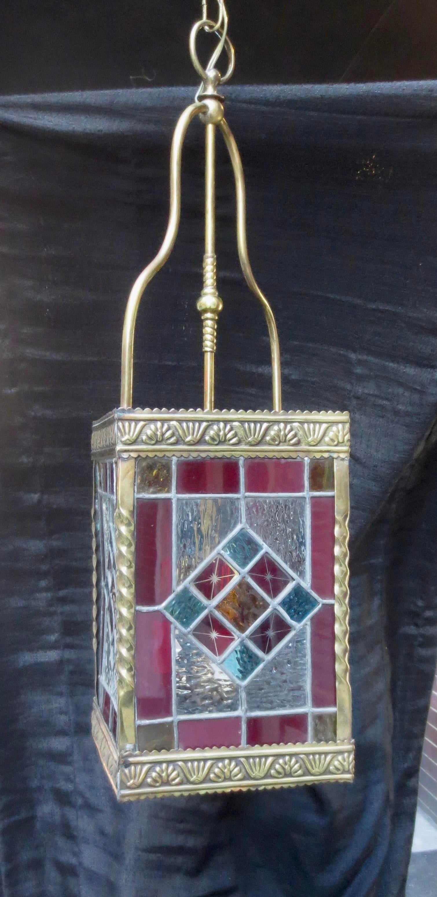 1910s Arts and Crafts Lantern With Leaded Stain Glass Panels - 5