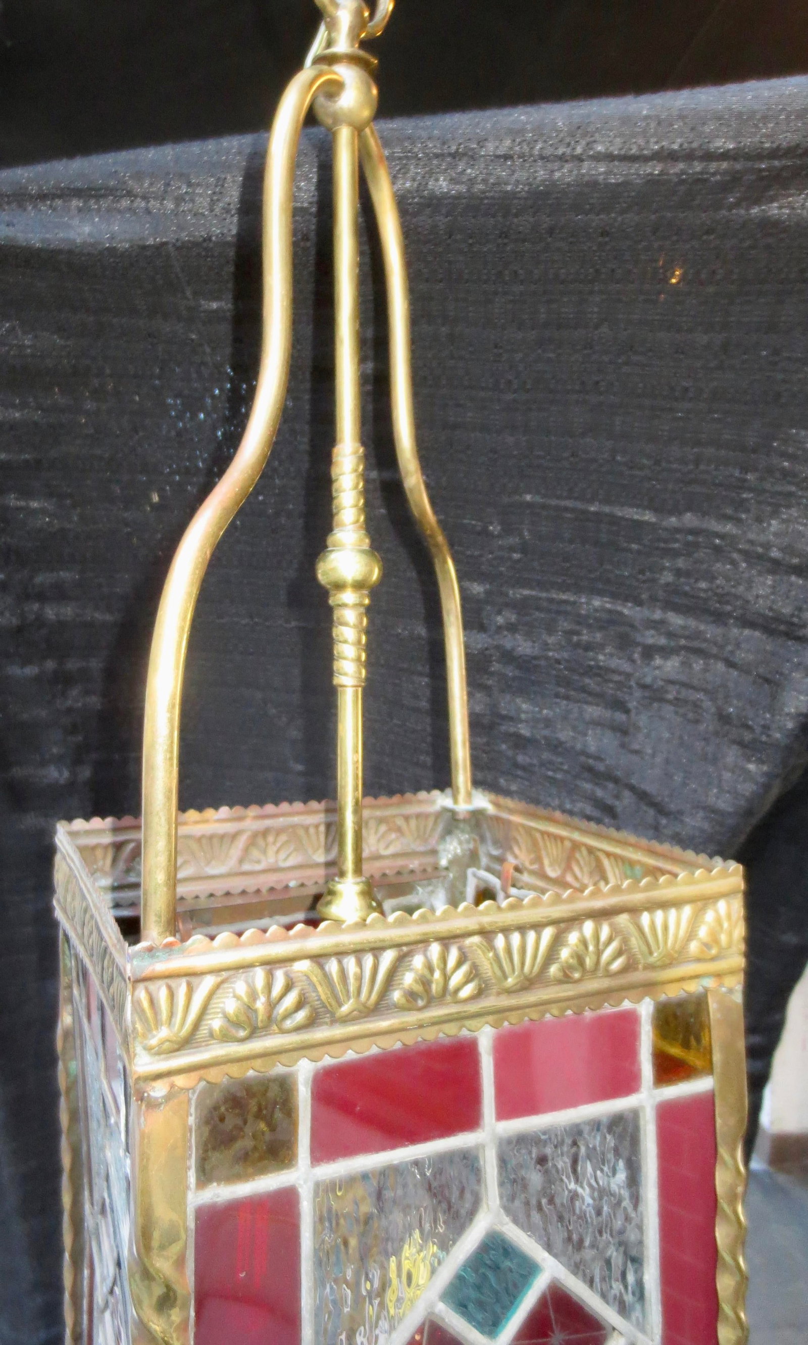 1910s Arts and Crafts Lantern With Leaded Stain Glass Panels - 6