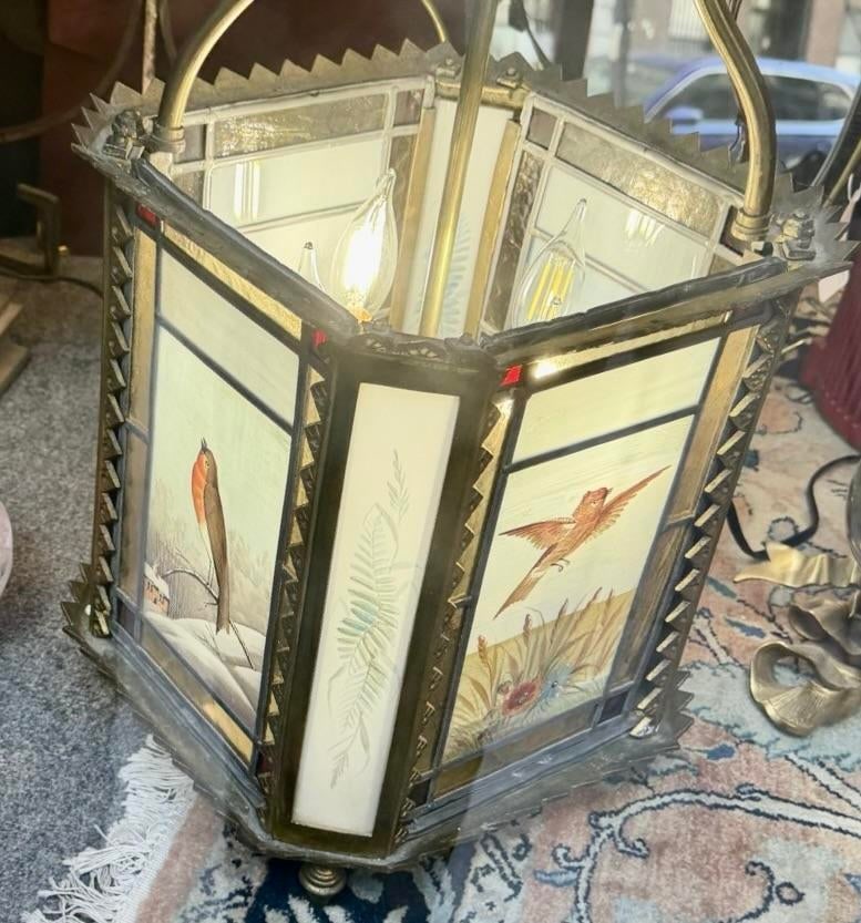 1900s Arts and Crafts Stain Glass Lantern Birds - 13