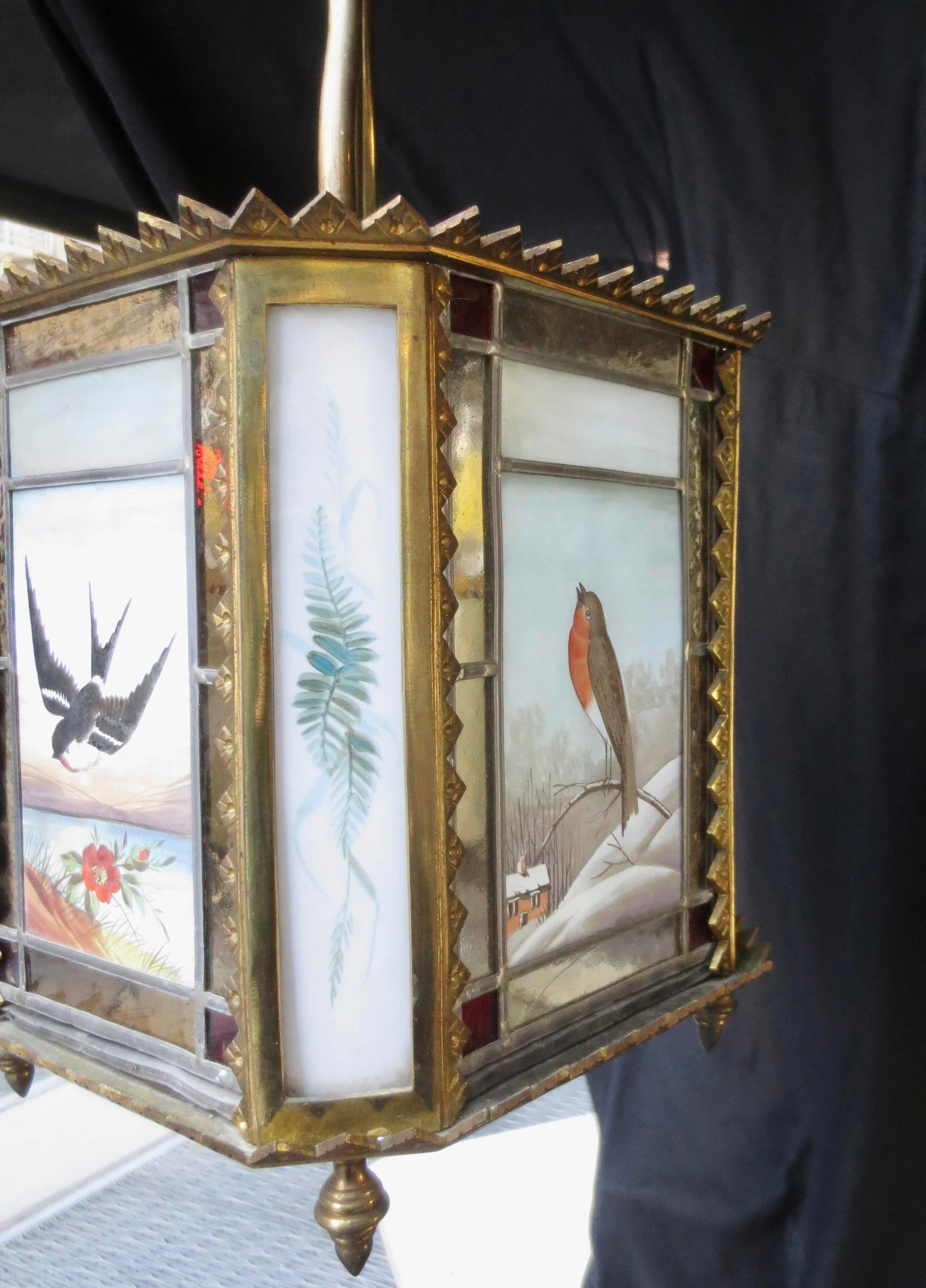 1900s Arts and Crafts Stain Glass Lantern Birds - 4