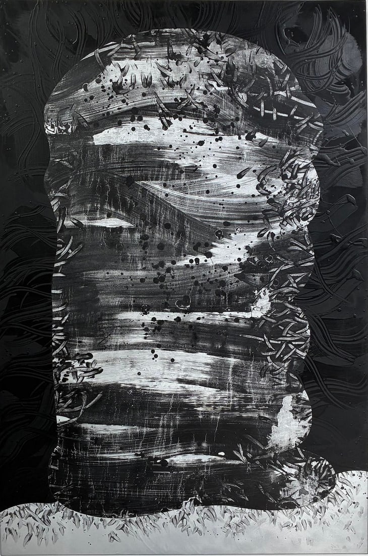 Onyx Mined by Silver by Michael DesRosiers Polymer Paint on MDF Panel (2022): Artist Michael DesRosiers creates paintings, mixed-media works, and welded aluminum sculptures. Noted for his ability with color, DesRosiers' non-objective art is as in tune with nature as it is with