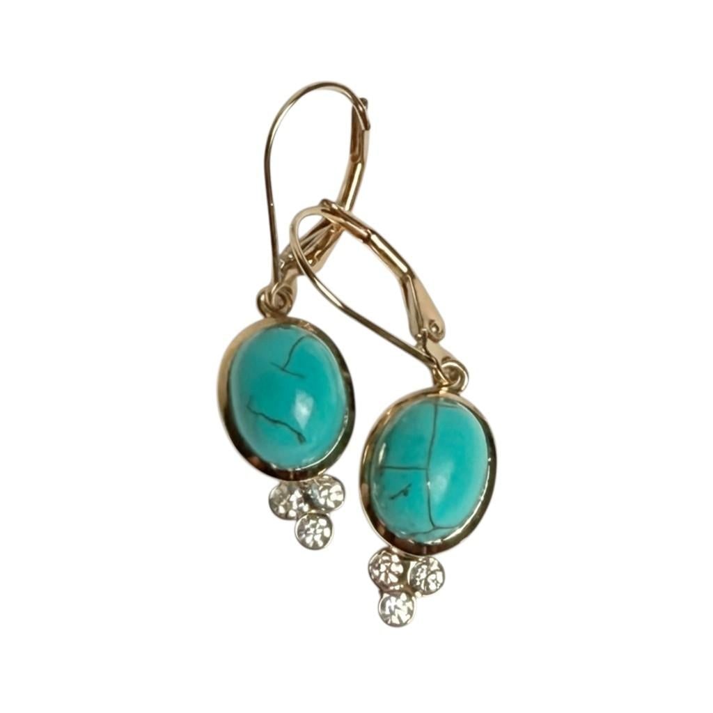 14k Yellow Gold Diamond Lever-Back Drop Earrings With Natural Turquoise, A Pair - 7