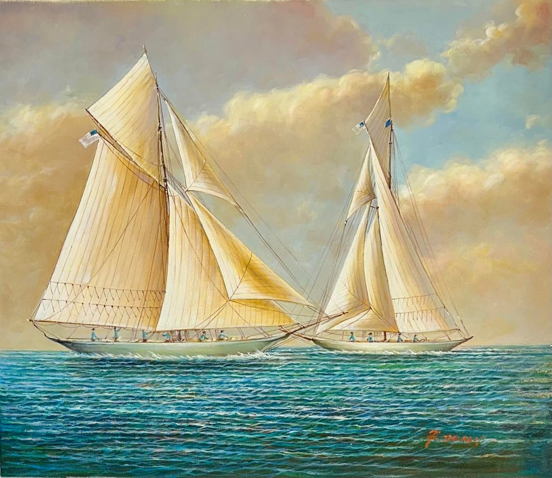 Original Nautical Oil Painting of Racing Schooners by F. Tailroy – Yacht Seascape – 20" (1 of 5)
