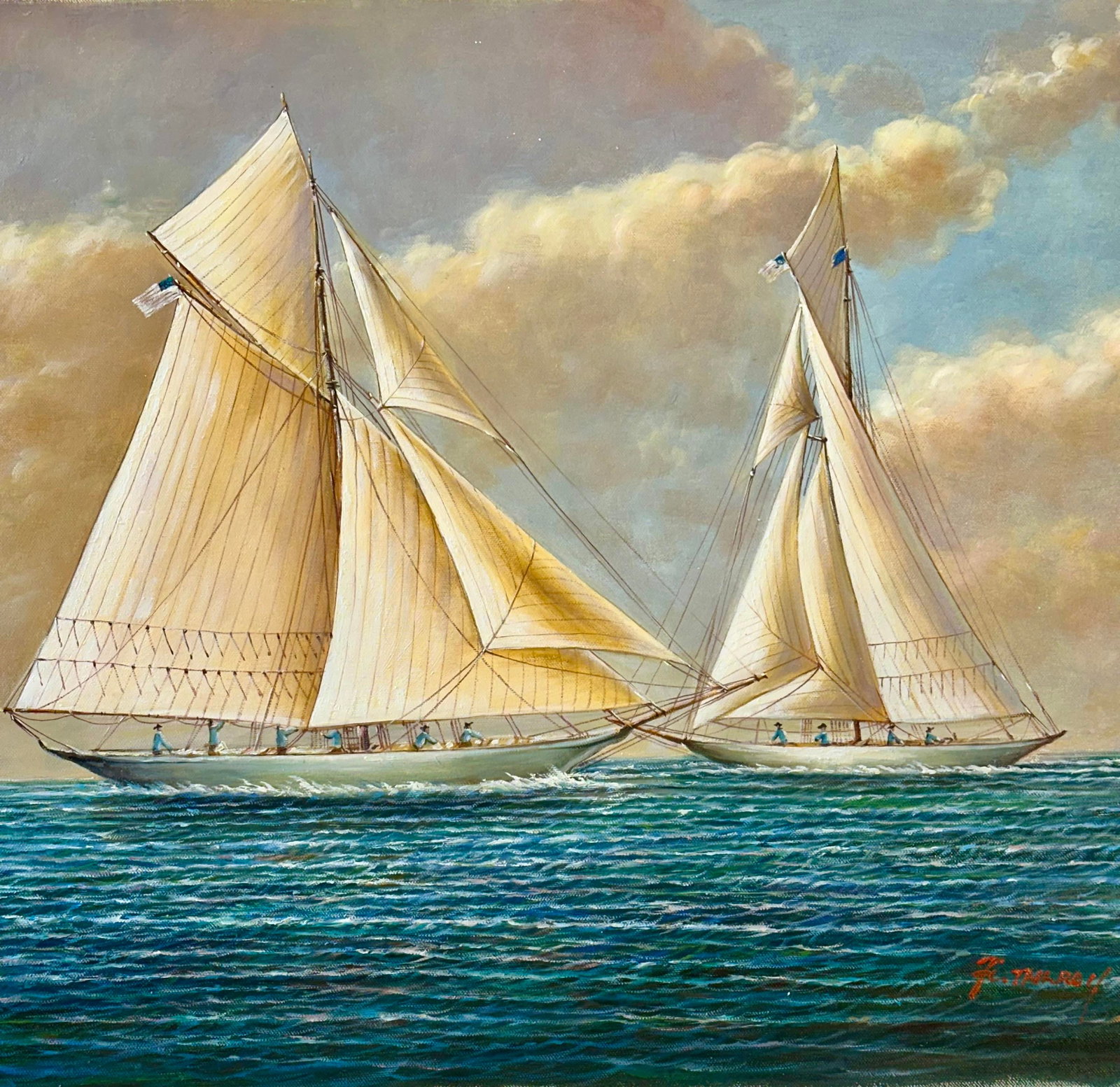 Original Nautical Oil Painting of Racing Schooners by F. Tailroy – Yacht Seascape – 20" - 2