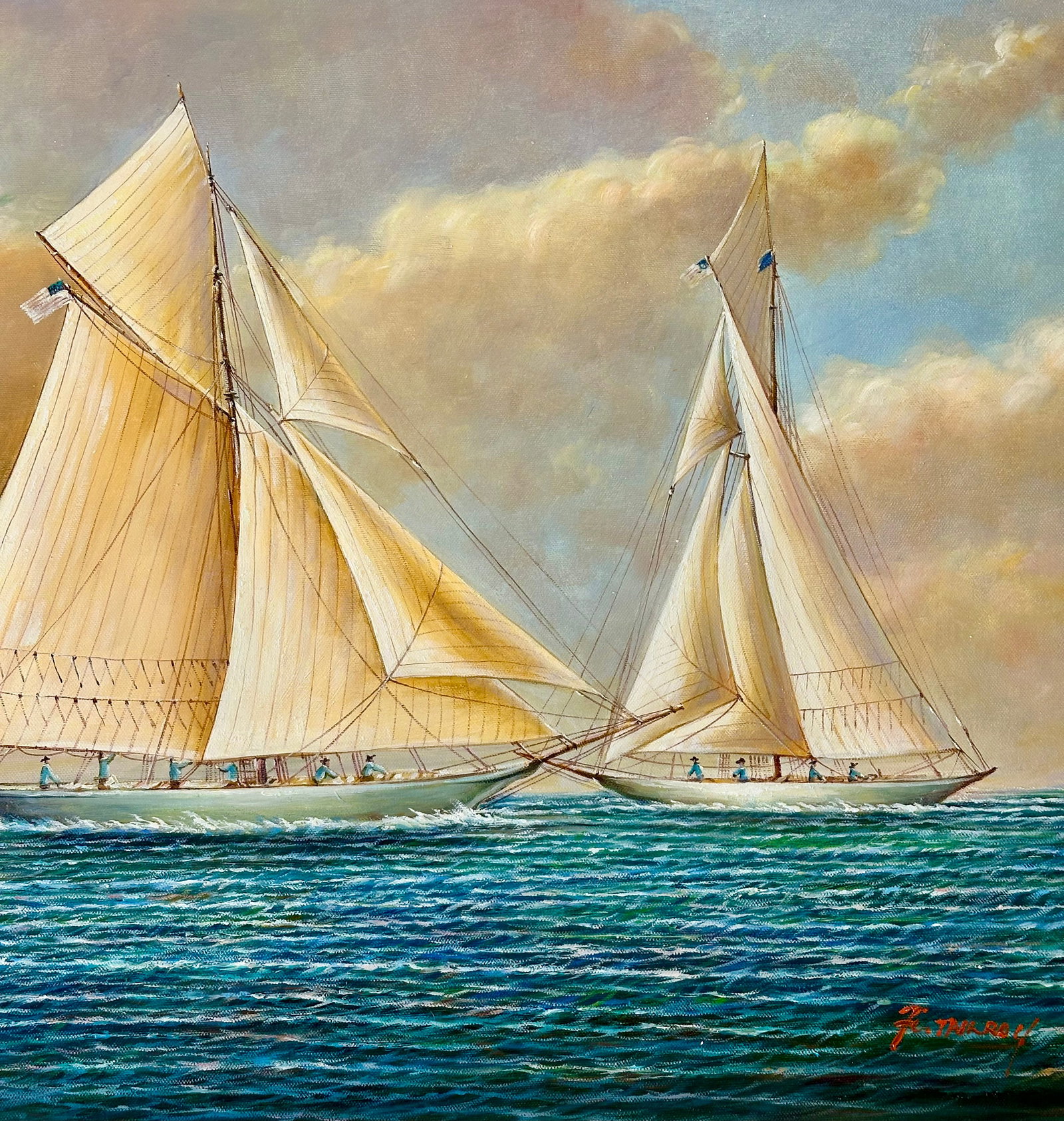 Original Nautical Oil Painting of Racing Schooners by F. Tailroy – Yacht Seascape – 20" - 3