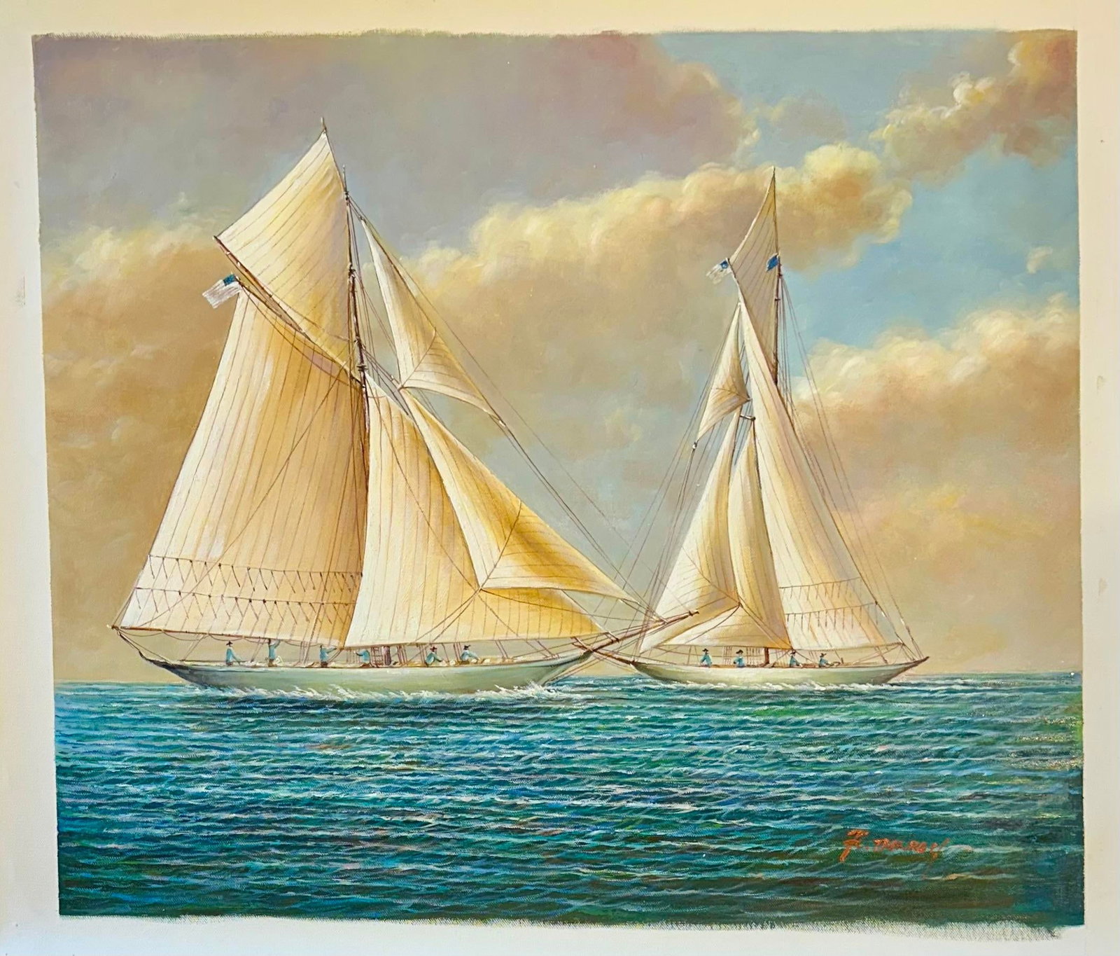 Original Nautical Oil Painting of Racing Schooners by F. Tailroy – Yacht Seascape – 20" - 4