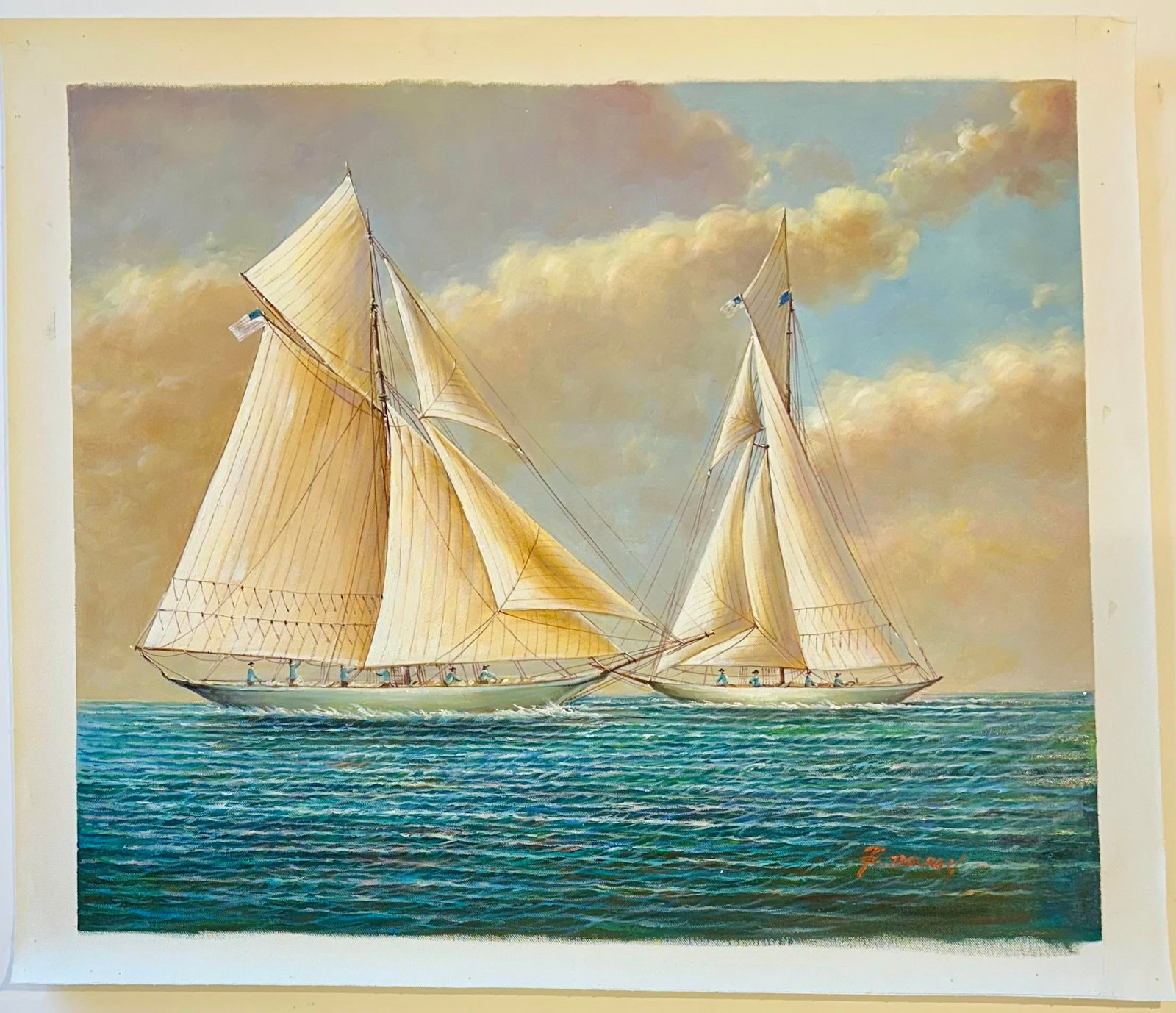 Original Nautical Oil Painting of Racing Schooners by F. Tailroy – Yacht Seascape – 20" - 5
