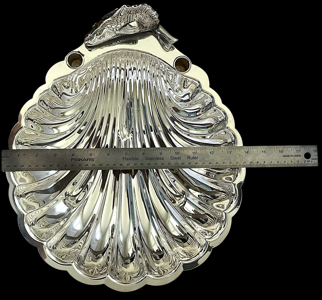Vintage English Regency Sheffield Epns Hotel Silver Plated Koi Fish Clam Shell Serving Platter - 10