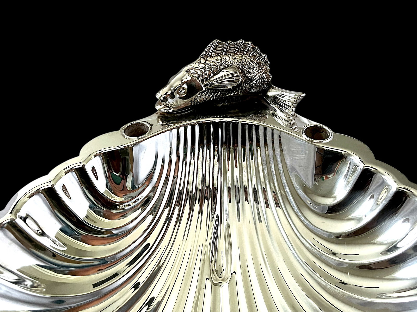 Vintage English Regency Sheffield Epns Hotel Silver Plated Koi Fish Clam Shell Serving Platter - 3