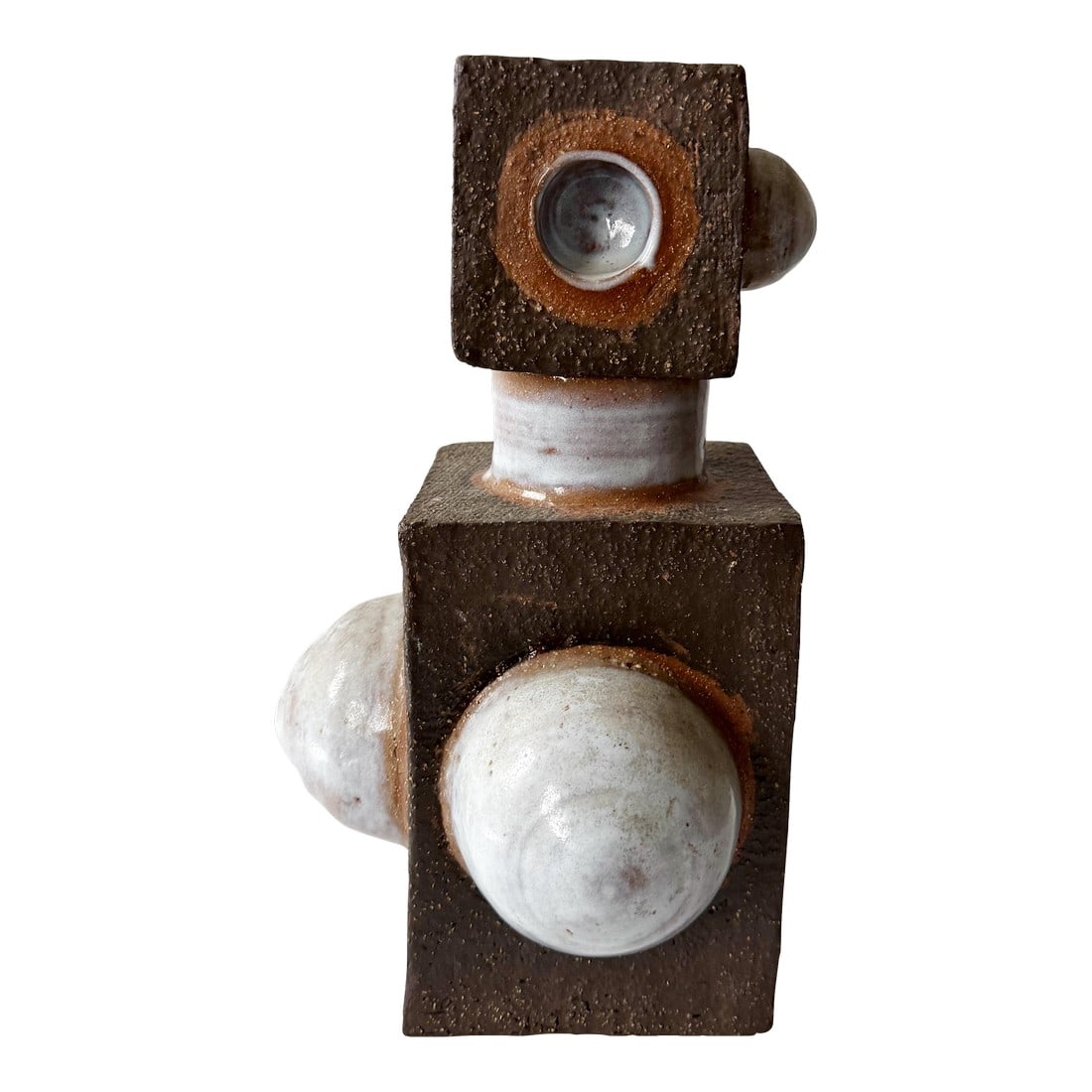 1960s Cubist Stoneware Vessel: Large one of a kind handmade cubist stoneware vessel with cover. Measures 13" tall by 4.5" by 7". Gorgeous, heavy and in perfect vintage condition. Mixed glaze textures throughout. Condition: