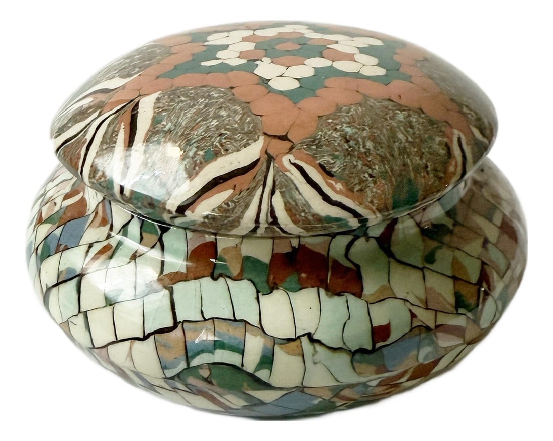 1950s Signed Gerbino Vallauris Lidded Jar: Signed Jean Gerbino for Vallauris lidded jar with gorgeous clay patterning ca. 1950s. Condition: Alterations: Original Condition Unaltered Imperfections: Some Imperfections Condition Notes: Excellent