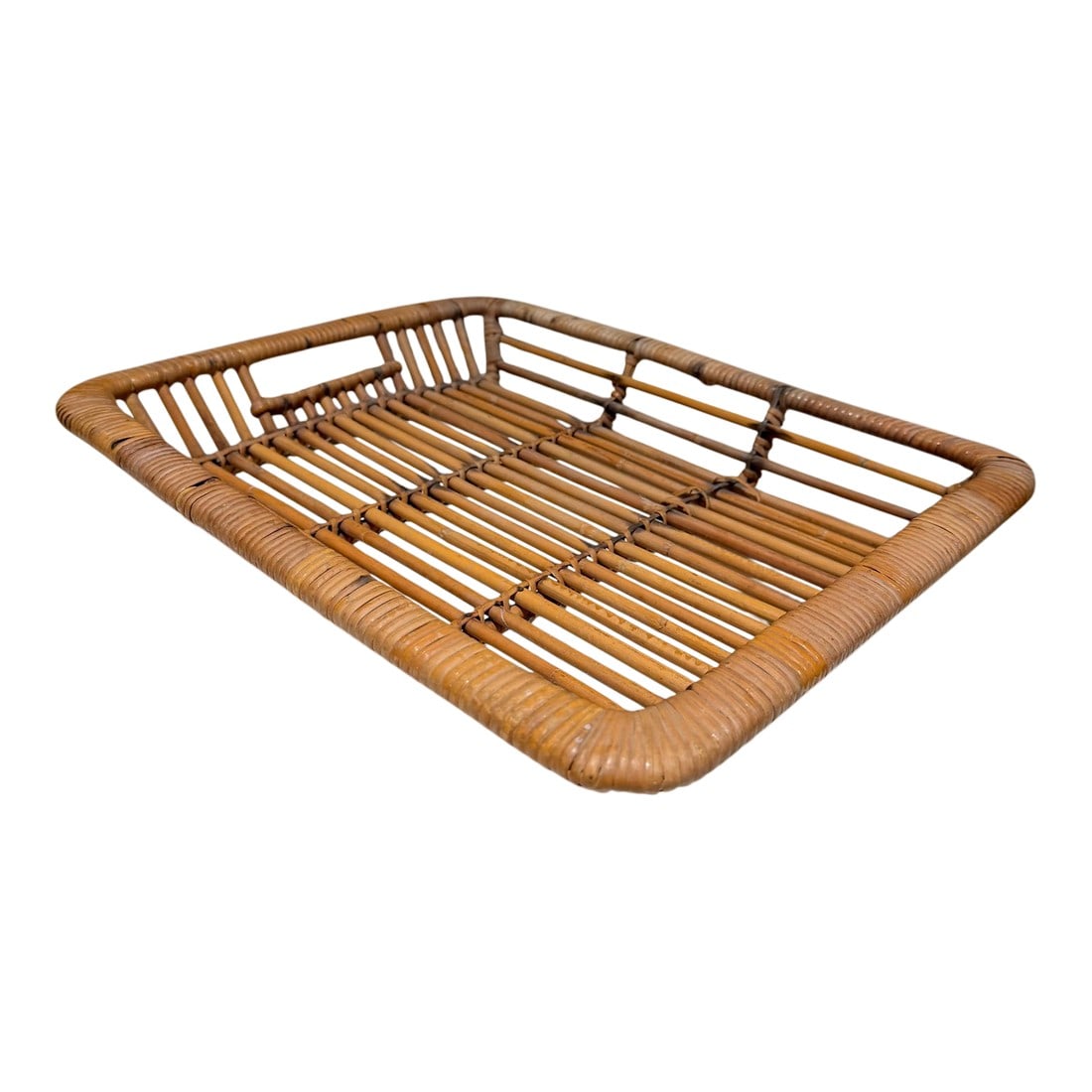 Vintage Rattan Tray by Artek Finland Scandinavian Modern: For your consideration, a vintage rattan tray designed and produced by Artek in Finland during the 1960s. Handwoven from natural rattan and cane with integrated handles. Unmarked. Dimensions: 15.25"