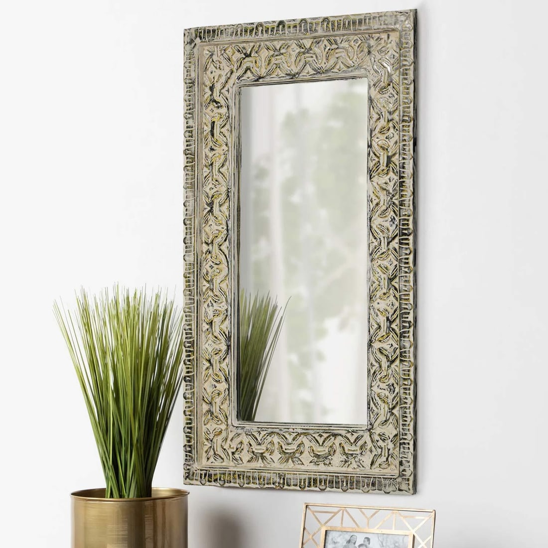 Boho Chic Hand Carved Distresed 30" X 47" Solid Wood Mirror - 2