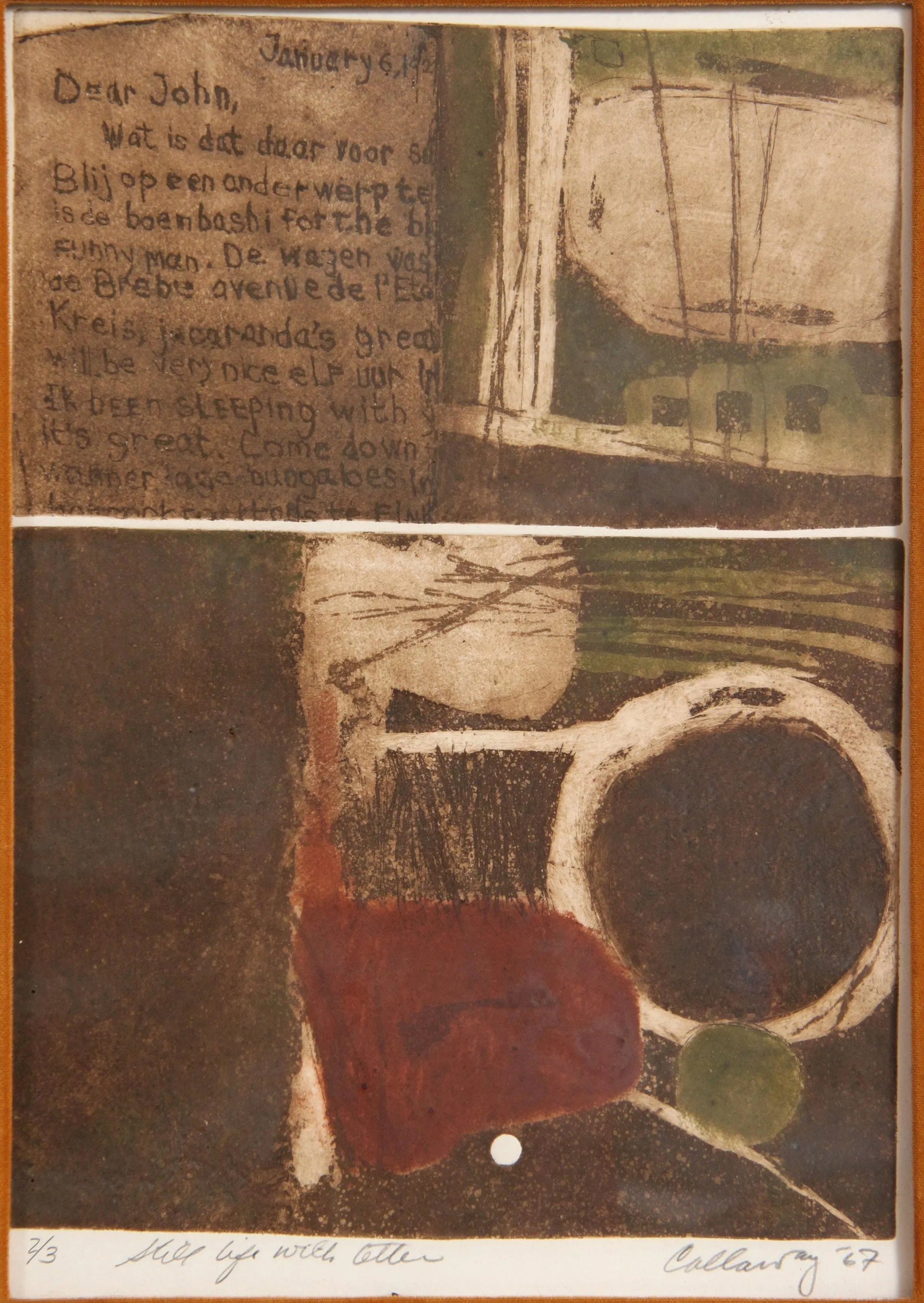 Vintage Mid Century Modern Abstract Aquatint Print by Callaway Titled "Still Life With Letter" - 2