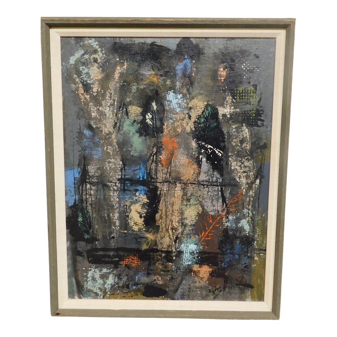 Mid-Century Modern Figures, Leaves & Applied Milkweed Seeds Mixed Media Painting (1 of 13)