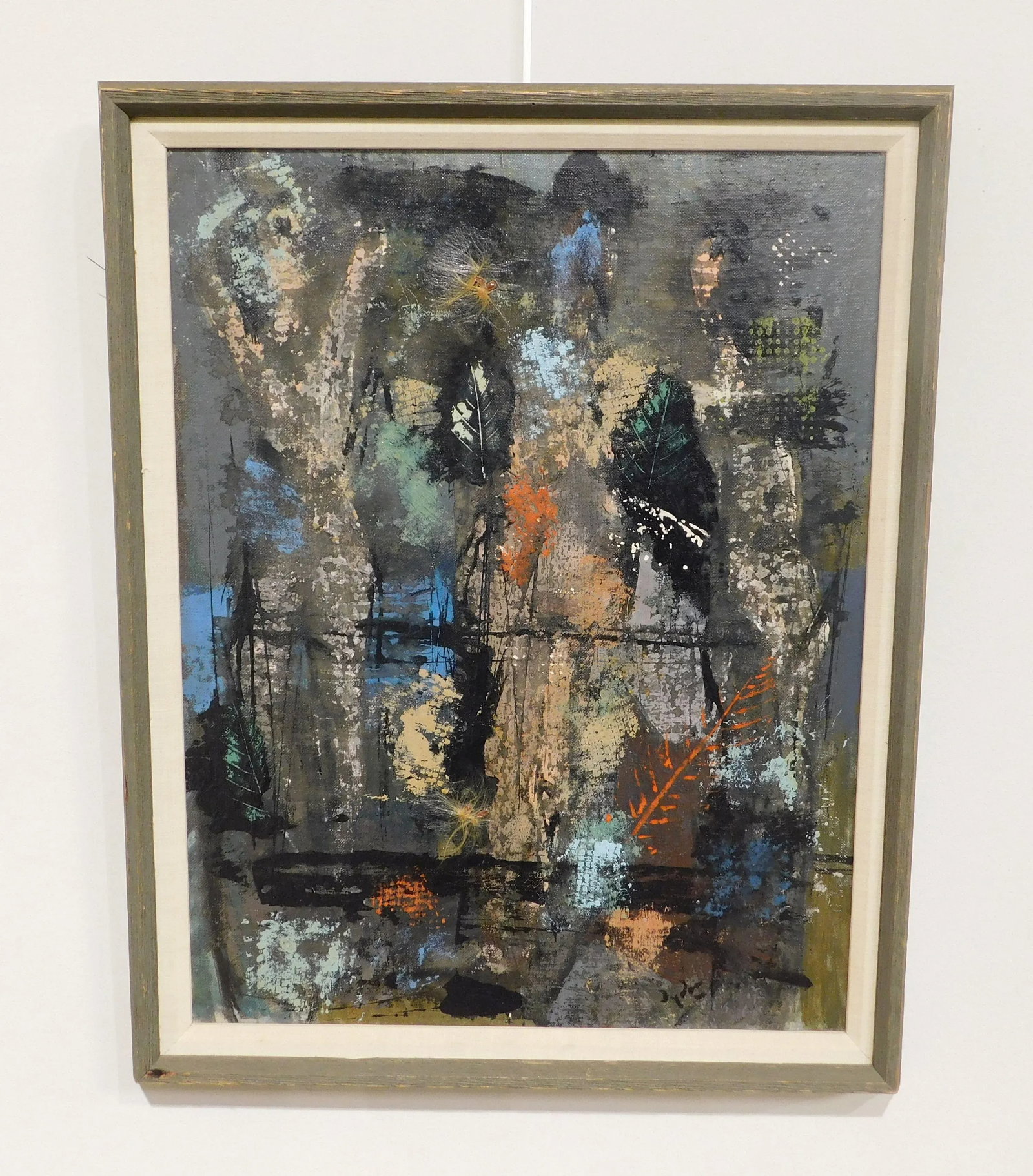 Mid-Century Modern Figures, Leaves & Applied Milkweed Seeds Mixed Media Painting - 2