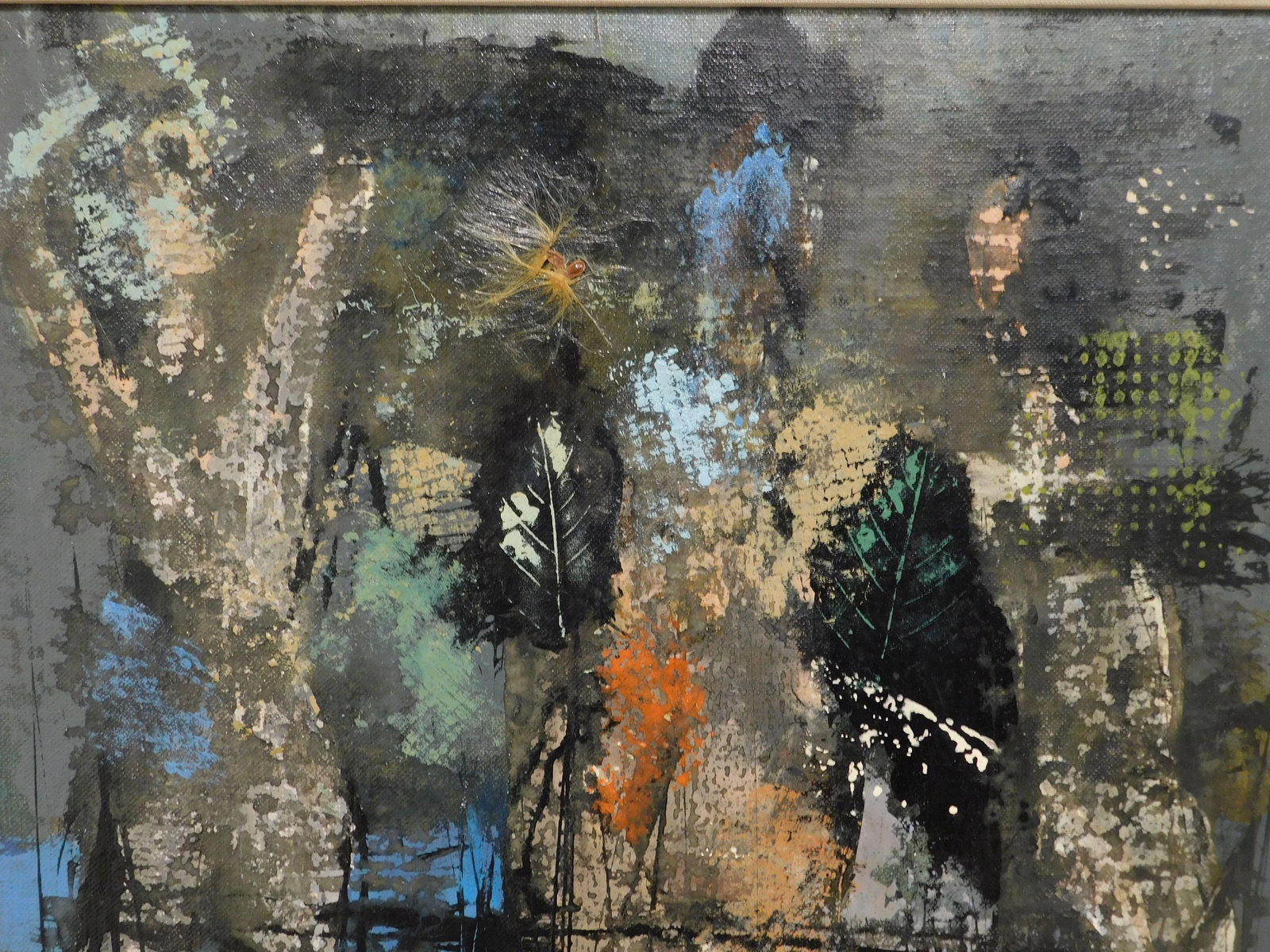 Mid-Century Modern Figures, Leaves & Applied Milkweed Seeds Mixed Media Painting - 6