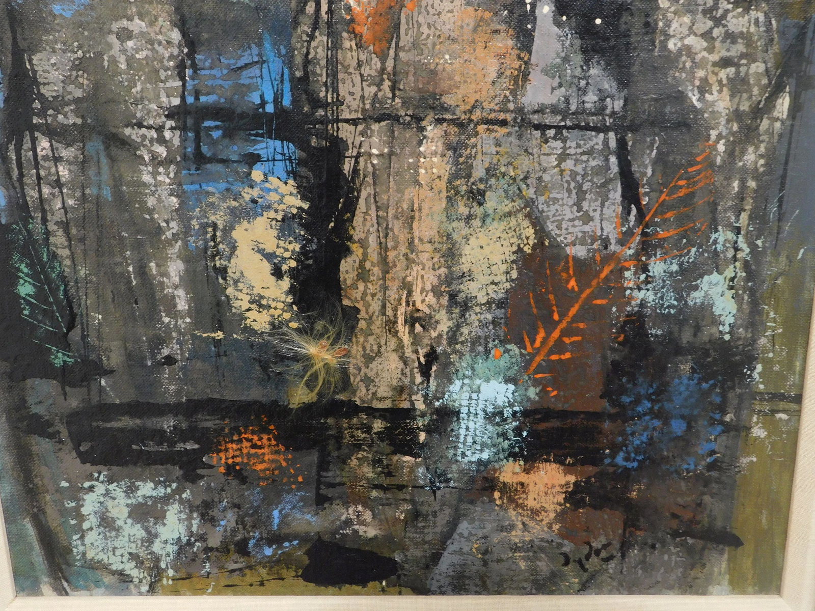 Mid-Century Modern Figures, Leaves & Applied Milkweed Seeds Mixed Media Painting - 7