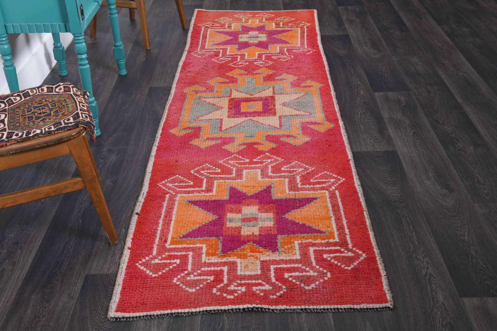 Vintage Turkish Hand-Knotted Wool Cotton Red Runner Rug - 2
