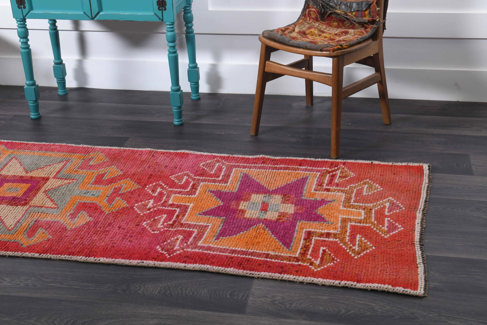 Vintage Turkish Hand-Knotted Wool Cotton Red Runner Rug - 7