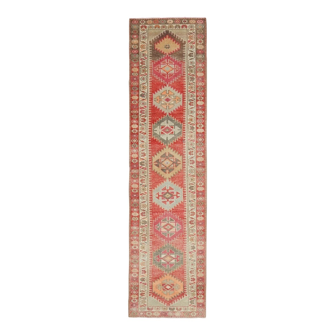 1970s Vintage Turkish Hand-Knotted Wool Cotton Red Runner Rug: Vintage Turkish Hand-Knotted vintage rug is a semi-antique vintage runner rug.'70s Eastern region of Turkey's unique rug is perfectly hand-knotted by the artisan. This special piece of art has very