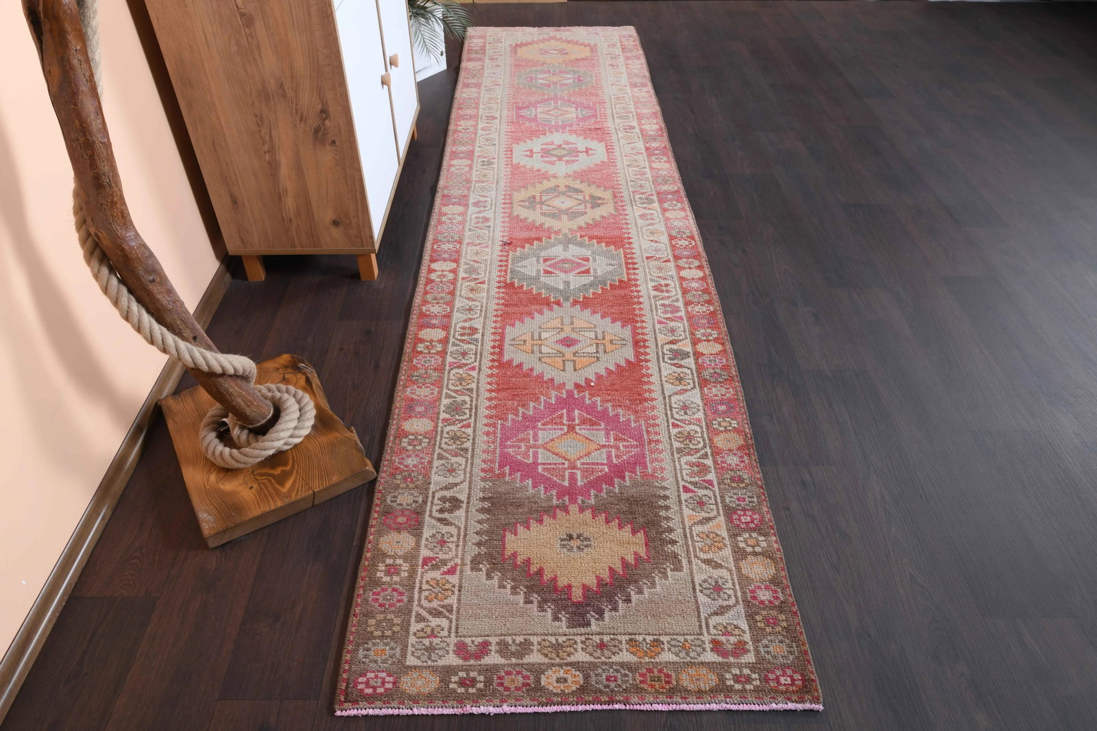 1970s Vintage Turkish Hand-Knotted Wool Cotton Red Runner Rug - 2