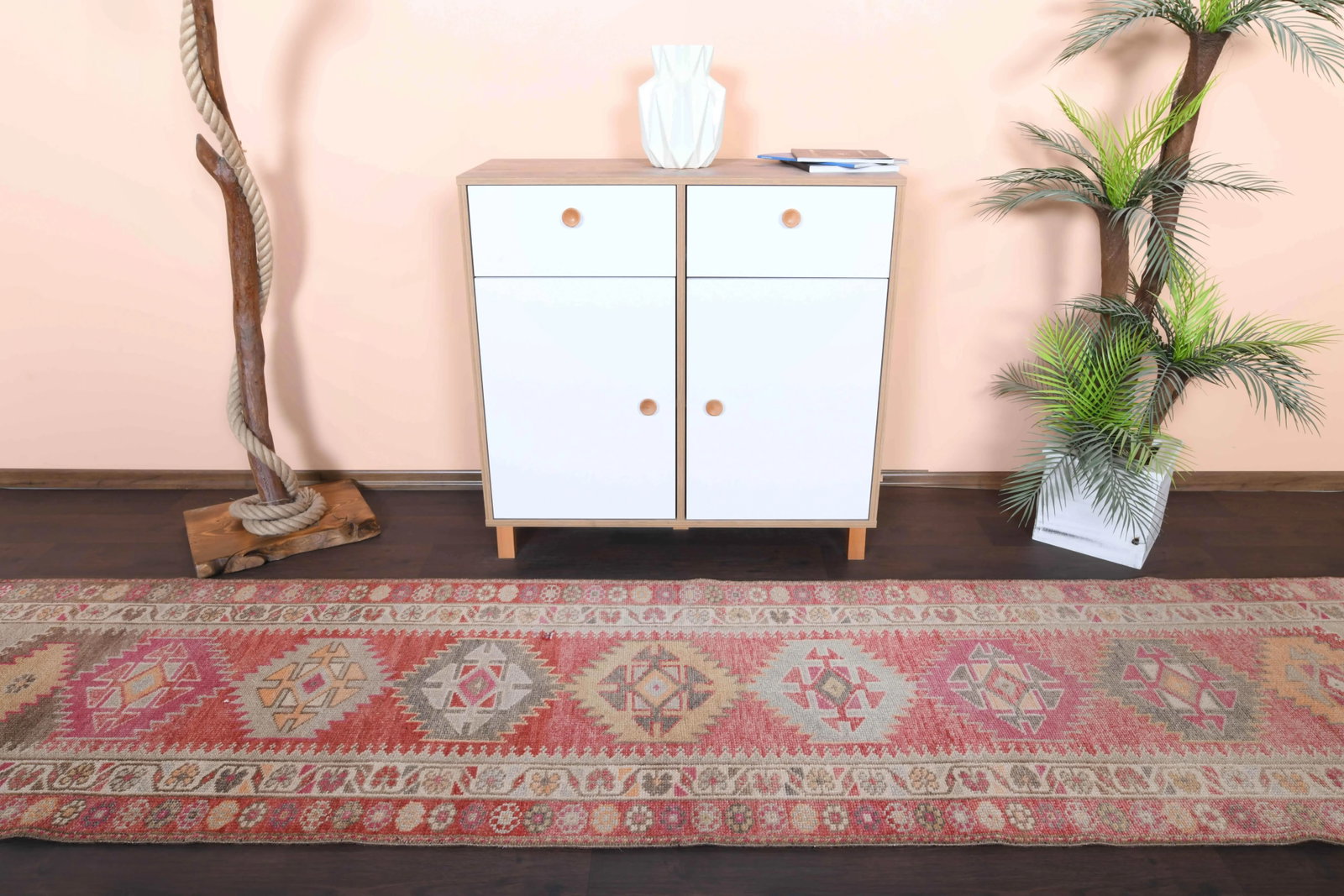 1970s Vintage Turkish Hand-Knotted Wool Cotton Red Runner Rug - 3