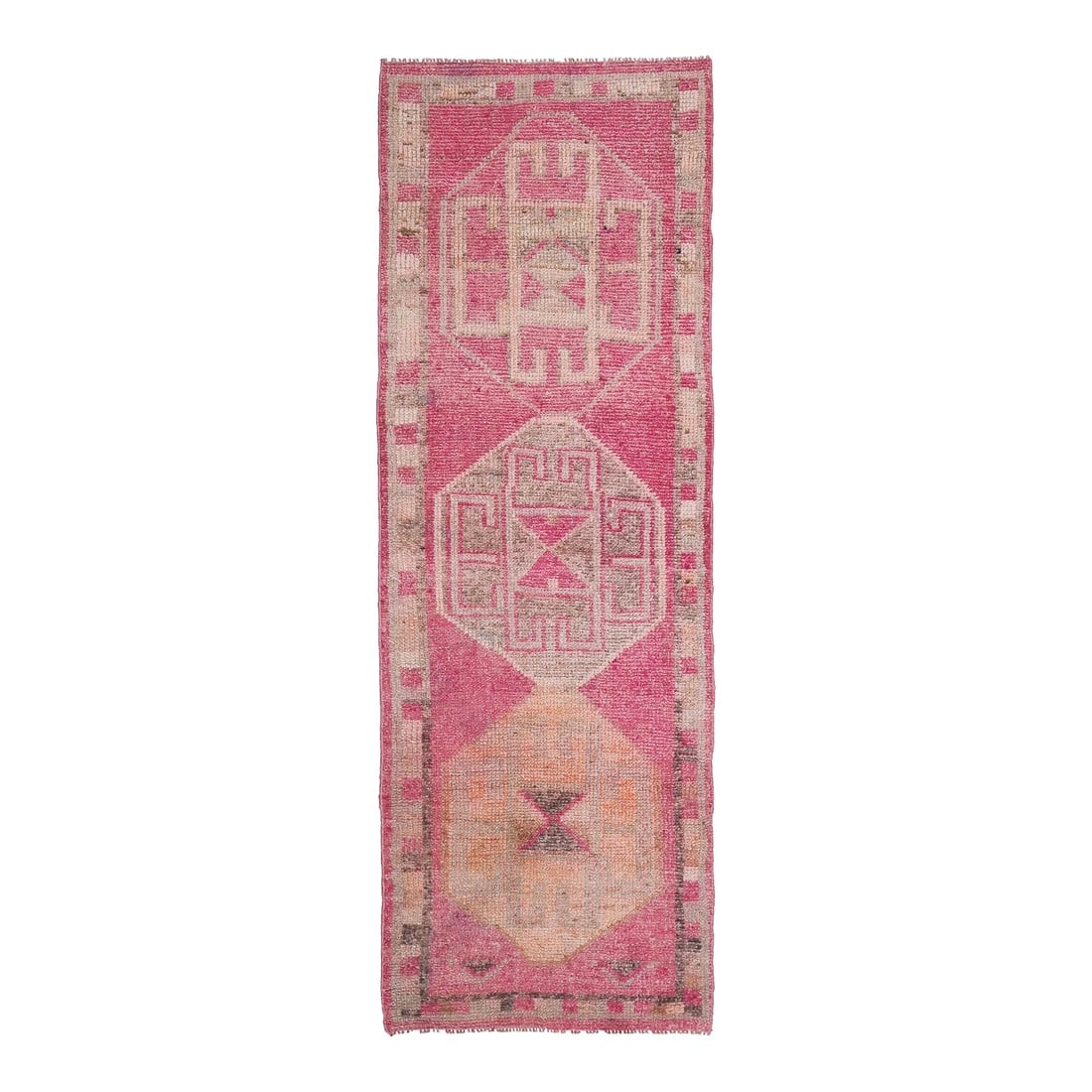 1970s Vintage Turkish Hand-Knotted Wool Cotton Pink Runner Rug: Vintage Turkish Hand-Knotted vintage rug is a semi-antique vintage runner rug.'70s Eastern region of Turkey's unique rug is perfectly hand-knotted by the artisan. This special piece of art has very