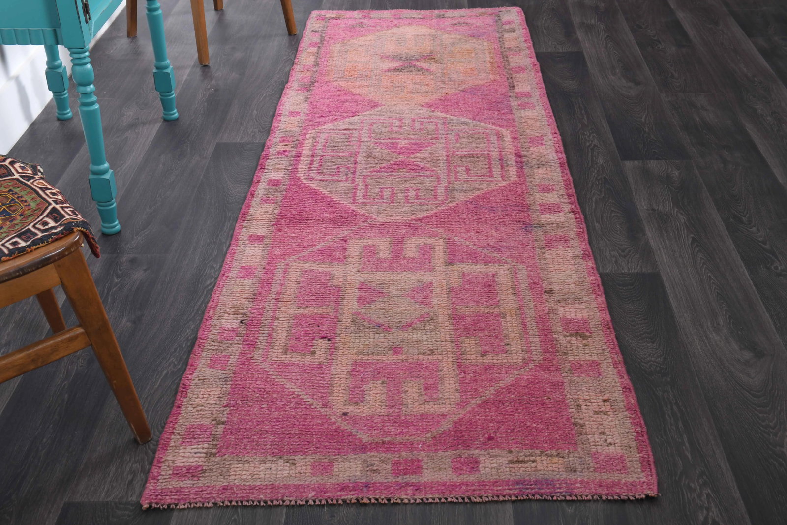 1970s Vintage Turkish Hand-Knotted Wool Cotton Pink Runner Rug - 2