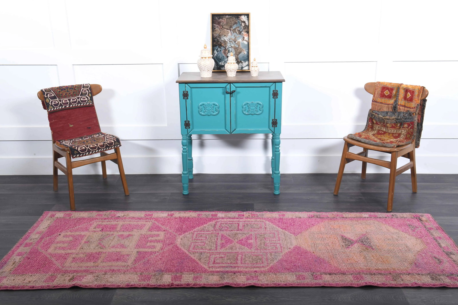 1970s Vintage Turkish Hand-Knotted Wool Cotton Pink Runner Rug - 3