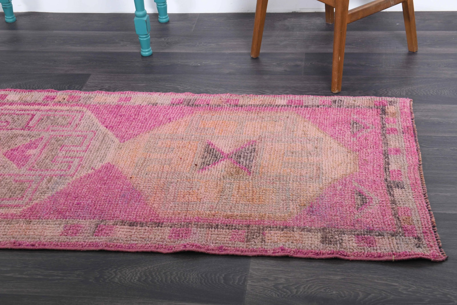 1970s Vintage Turkish Hand-Knotted Wool Cotton Pink Runner Rug - 7