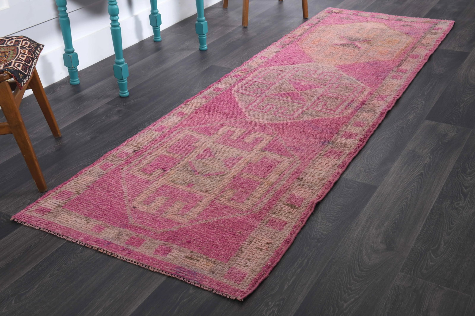 1970s Vintage Turkish Hand-Knotted Wool Cotton Pink Runner Rug - 8