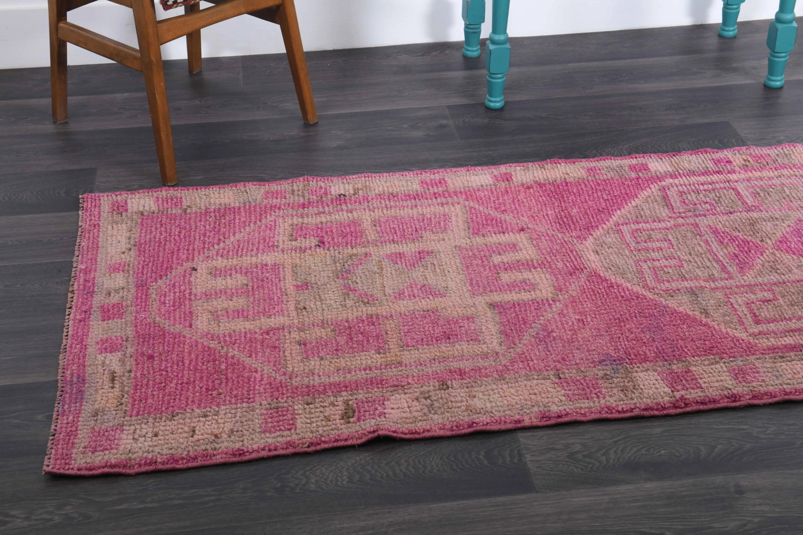 1970s Vintage Turkish Hand-Knotted Wool Cotton Pink Runner Rug - 9