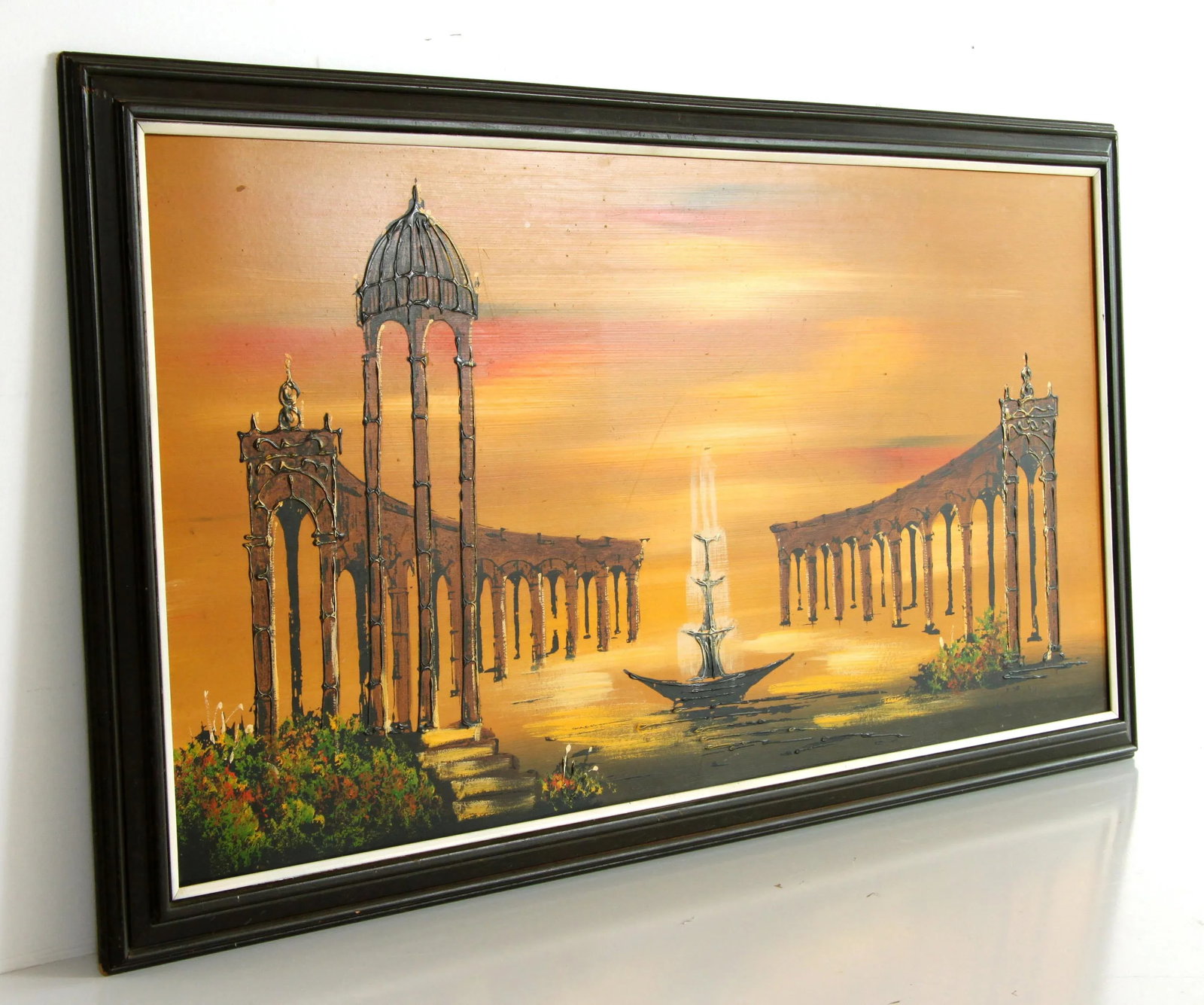 Vintage Mid Century Surrealist Parthenon & Fountain Acrylic Painting - 2